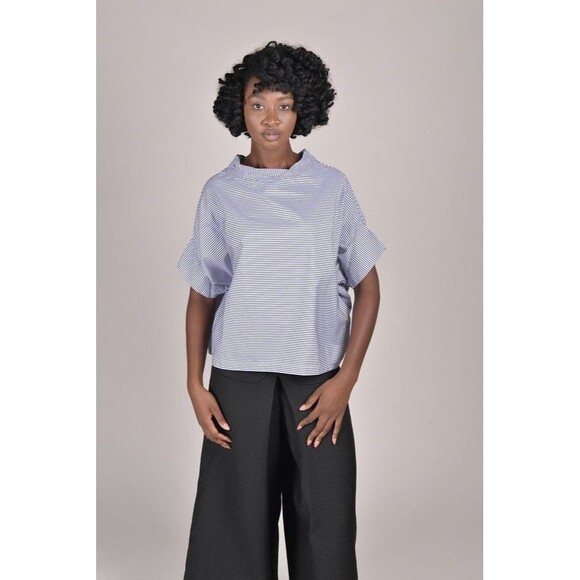 Gallego Desportes Twisted Collar Top Navy Blue Stripe Relaxed Boxy Nautical OS - Picture 1 of 9